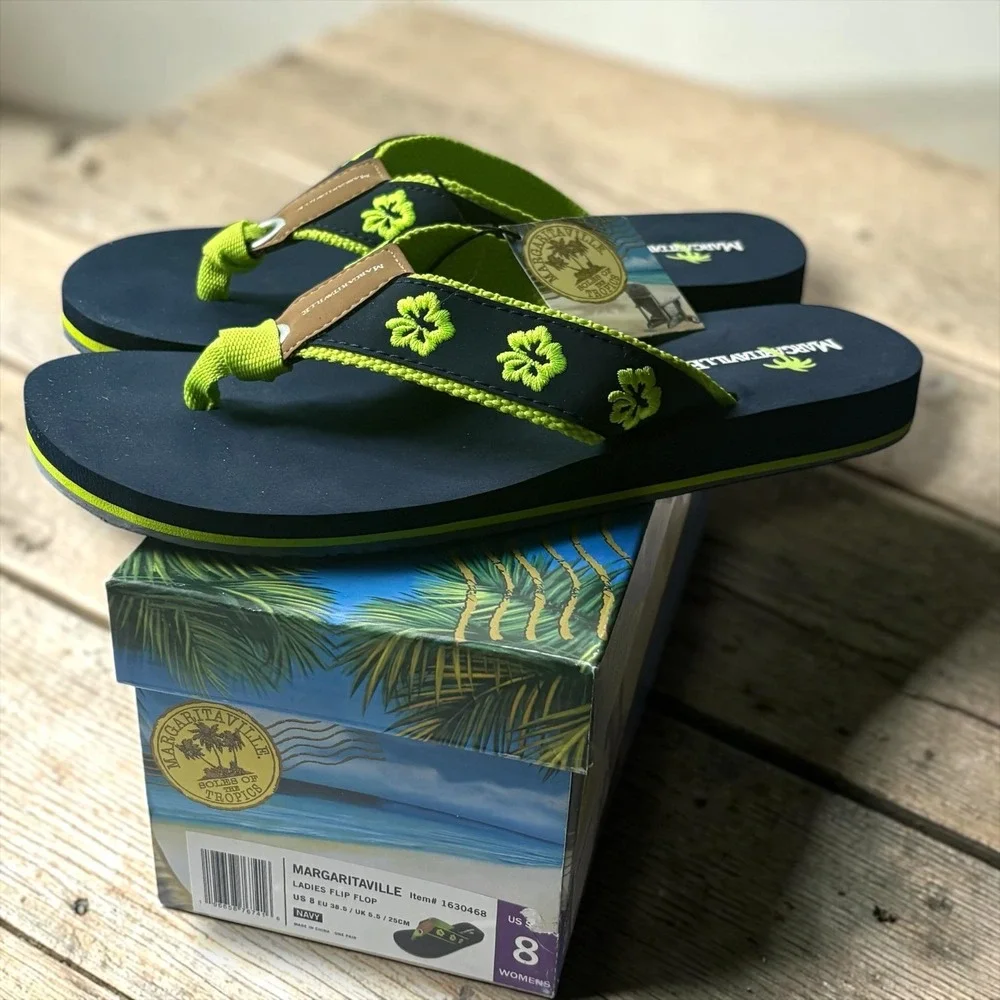 Margaritaville Womens Navy Lime Green Hibiscus Flip Flop Sandals Size 8 1630468